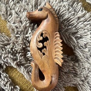 Hand Carved Wooden Seahorse Decorative Figurine - Natural Wood